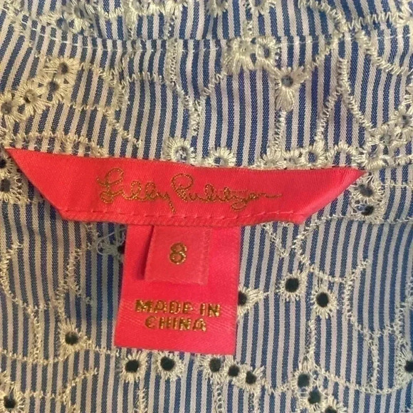 Lily Pulitzer new eyelet tank collar button up blue/white shirt size 8 - Picture 2 of 7
